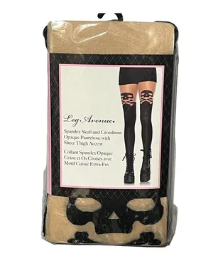 Leg Avenue Spandex Skull & Cross-bone Opaque Pantyhose with Sheer Thigh Accents thumbnail 1