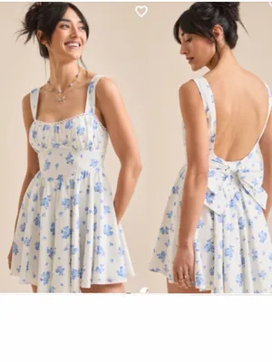 Altar'd State Maya Blue Floral Swiss Dot Open Back Bow Mini Dress NWT XL thumbnail 2