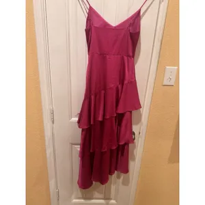 Lulus Charming Crush Hot Pink Satin Tiered Ruffled Midi Dress size xs thumbnail 7