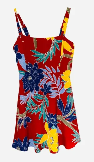 Forever 21 Red Floral Dress with Blue & Yellow Accents thumbnail 1