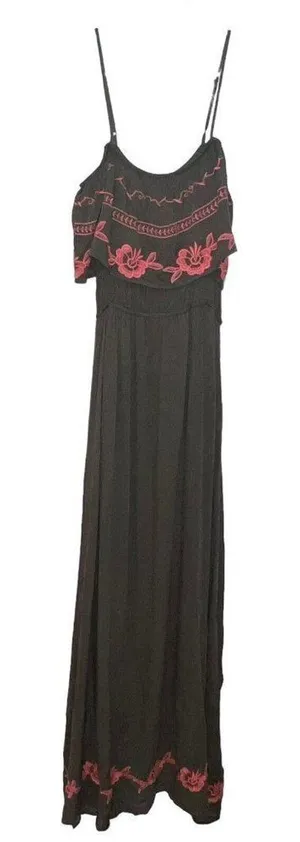 Francesca'S Miami Olive‎ Green Coral Embroidered Maxi Off The Shoulder Dress New thumbnail 1