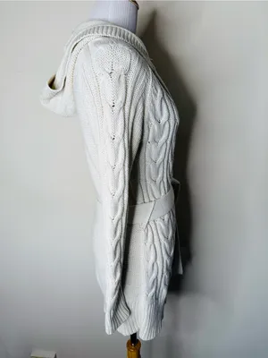 GAP Ivory Y2K Cable Knit Belted Hooded Long Cardigan Sweater thumbnail 3