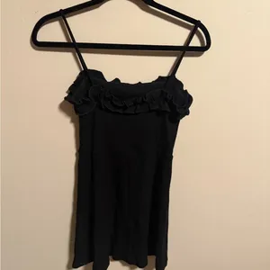 Reformation Bri Black Ribbed Knit Ruffle Thin Strap Mini Dress - Size Small thumbnail 9