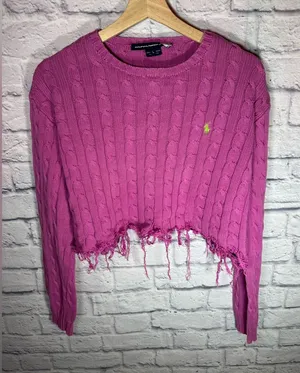 Ralph Lauren Sport Hand distressed &‎ cropped pink/purple sweater size large thumbnail 1