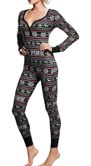 PINK Victoria's Secret Fair Isle Dog Patterned Pajama One Piece Onesie Jumpsuit thumbnail 1