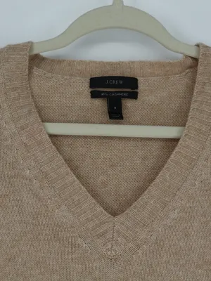 J.Crew Wool Cashmere V-Neck Sweater Small Tan Leather Sleeve Panels Tan thumbnail 3