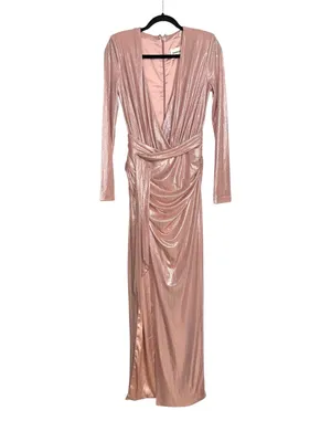 House Of CB Mina Dress Deep V-Neck Metallic Pink Long Sleeve Gown SMALL thumbnail 3