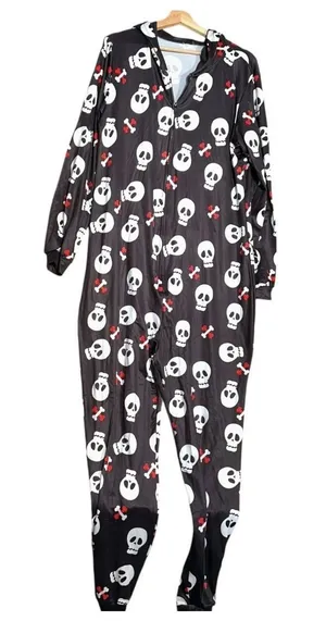 NEW Womens bodysuit Sz S Black Skeleton Holiday Stretch Zipper Christmas Pajamas thumbnail 1