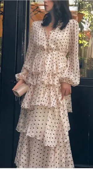 $168 NWOT O.P.T. Women's Beige V-Neck Long Sleeve Tiered Polka Dot Dress Size XS thumbnail 1