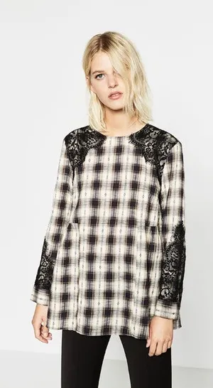 Zara Plaid Lace Ruffled Top thumbnail 1