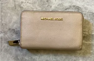 Michael Kors Jet Set Small Zip Around Card Case Pebbled Leather Pink Gold Tone thumbnail 1