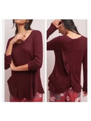 Anthropologie Saturday Sunday EUC Women's Wendy Waffle Knit Top Maroon Size M thumbnail 2