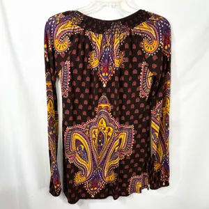 Lucky Brand XS Top VTG Y2K Hippie Paisley Smocked Brown Lotus Grunge Boho‎ 1309 thumbnail 2