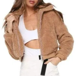 Tiger Mist Women’s Tan Brown Teddy Plush Cropped Bomber Jacket Pockets‎ Zip XS thumbnail 1