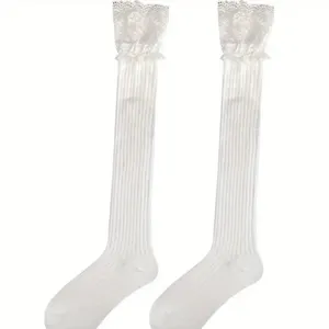 White Lace Top Thigh High Sock-Stockings Sweet JK Style Slim Fit Over The‎ Knee thumbnail 9