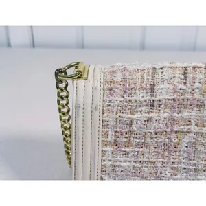 Tweed Boy Chain Shoulder Bag Purse Cream Pink Gold Preppy Old Money Coquette thumbnail 10