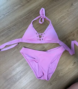 BECCA Pink Lace-Up Ribbed Halter Bikini thumbnail 1
