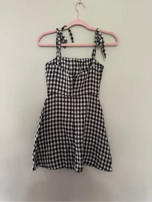 Reformation Black and White Gingham Tie-Shoulder Dress thumbnail 2