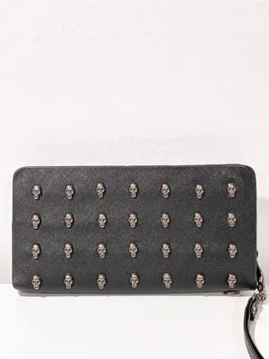 Thomas Wylde Metal Skull Black Vegan Leather Wristlet Zip Wallet Gothic thumbnail 4