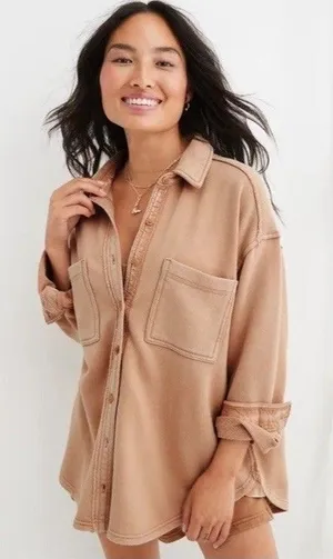 Aerie LumberJane Fleece Shirt Sz XS Boxy Oversized Cozy Button Down thumbnail 1