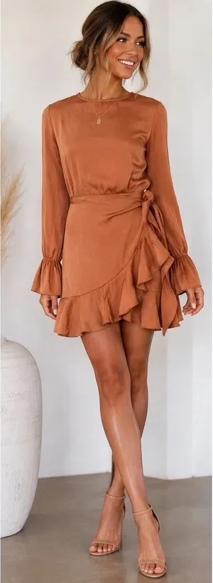 Here Comes The Sun Satin Wrap Mini Dress Tan Open Back Ruffle Long Sleeve XS NWT thumbnail 1