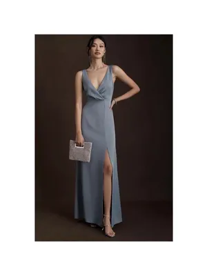 Anthropologie Bhldn Dusty Blue Piper V-Neck Side Slit Satin Gown thumbnail 2