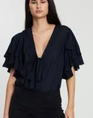 Free People Call Me Later Black Ruffle Sleeve‎ Bodysuit Blouse Size XS thumbnail 1