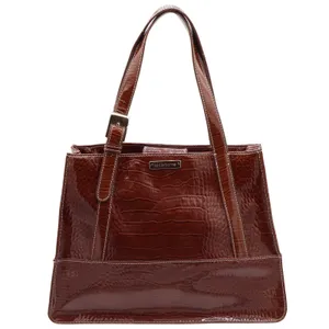 Liz Claiborne Tote Bag Women's Large Croc Embossed Brown Patent Faux Leather thumbnail 2