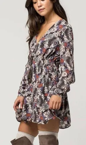 Free People Womens Small Black Stealing Fire‎ Henley Dress Floral Long Sleeve thumbnail 1