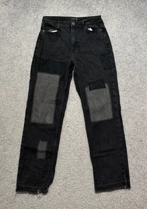 Nasty Gal Organic Cotton Black Patchwork Straight Jeans with Raw Edge thumbnail 1