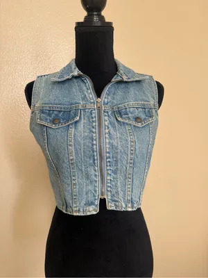 Vintage Kory Intl Blue Denim Vest Small Cropped Zip Front Y2K Grunge Made in USA thumbnail 2