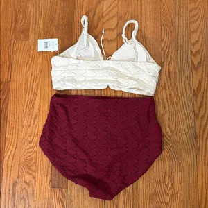 Andie Bikini‎ Set Cabarete Top Super High Waisted Bottom Lace Cream Syrah L NWT thumbnail 4