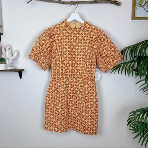 Lost + Wander Golden Dawn Orange Geometric Print Puff Sleeve Mini Dress Size S thumbnail 2