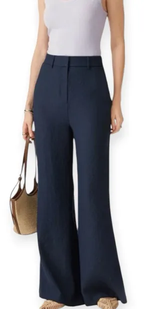 NWT OGL European Linen-Like Mid Rise Flared Pant Size Medium Pockets Denim Navy thumbnail 1
