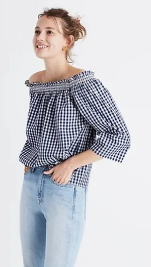 Madewell Smocked Blue & White Gingham Plaid Off The Shoulder Long Sleeve‎ L thumbnail 1
