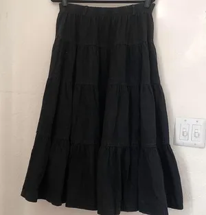 Vintage Black denim (100% Cotton) tiered maxi skirt elastic waist & belt loops - whimsygoth, grunge cottagecore fairycore Made in USA thumbnail 1