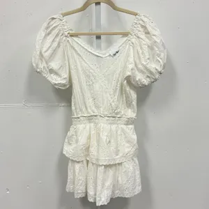 Sky to Moon Eyelet Lace Mini Dress Puff Sleeve Smocked Waist‎ Small White Boho thumbnail 2