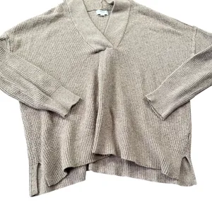 Aerie Women's XS Tan Waffle Knit Hoodie Sweater V-Neck Pullover Oversized Casual thumbnail 5