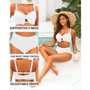 Tempt Me Two Piece LARGE White Swimsuit High Waisted Bikini Ruched Swimwear thumbnail 4
