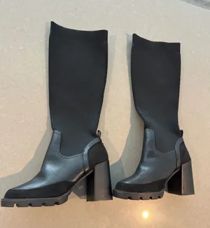 River Island Black Knit‎ Sock Chunky Heel Knee High Boots Womens Size 6 EUR 39 thumbnail 1