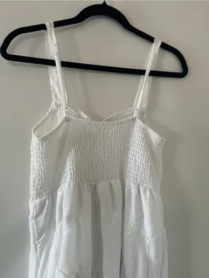 White Eyelet Smocked Tiered Maxi Dress Large Coastal Euro Summer Beach Resort thumbnail 9