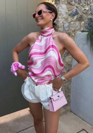 SHEIN pink tie high neck halter top thumbnail 1