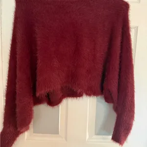 Altar'd State Fuzzy Off-Shoulder Crop Sweater in Deep Wine thumbnail 4