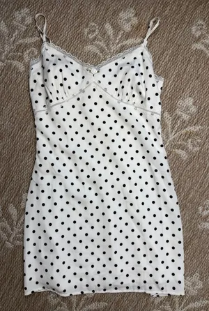 Polka Dot Lace-Trim Slip Dress - White with Black Dots thumbnail 1