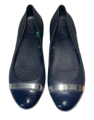 Crocs Cap Toe Flat Navy Silver Metallic Accent Ballet Slip On Shoes Women 10 thumbnail 1