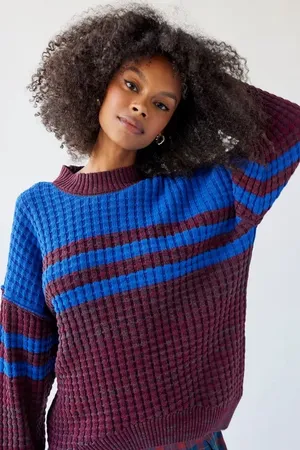 BDG Max Waffle Blue Burgundy Chunky Oversized Knit Sweater Size XS thumbnail 1