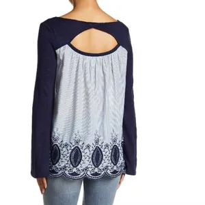 Caslon Blue & White Embroidered Back Long Sleeve Blouse (M) thumbnail 2