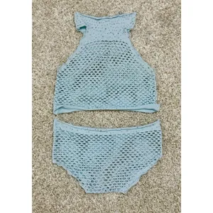 Sparkly Blue Fishnet Two Piece Crop Top Cheeky Bottoms Set Festival Rave OS thumbnail 2