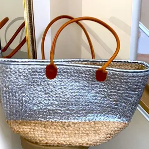 Metallic Silver & Natural Jute Tote with Tan Handles thumbnail 1