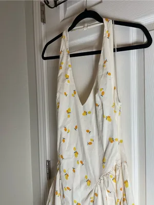 ZARA Lemon Print Halter Midi Dress Cream Yellow NWT Size M thumbnail 4